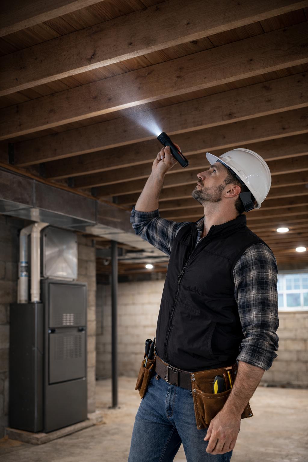 Virtucon home inspector examining exposed basement floor joists and structural framing for signs of moisture or defects in an East Gwillimbury property