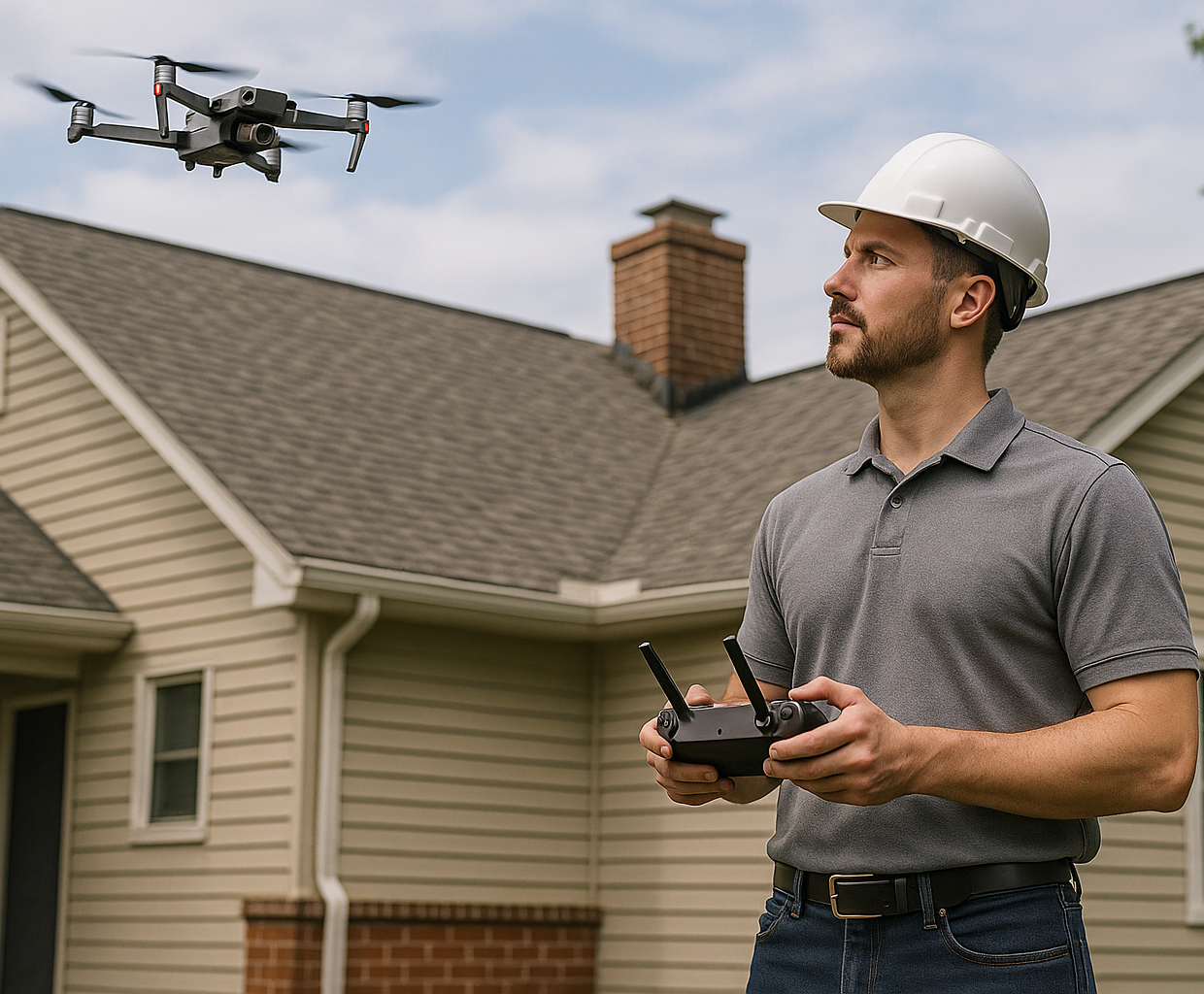 Aerial drone inspection of steep roof peaks and chimneys in Vaughan, ensuring safe assessment by Virtucon without damaging shingles.