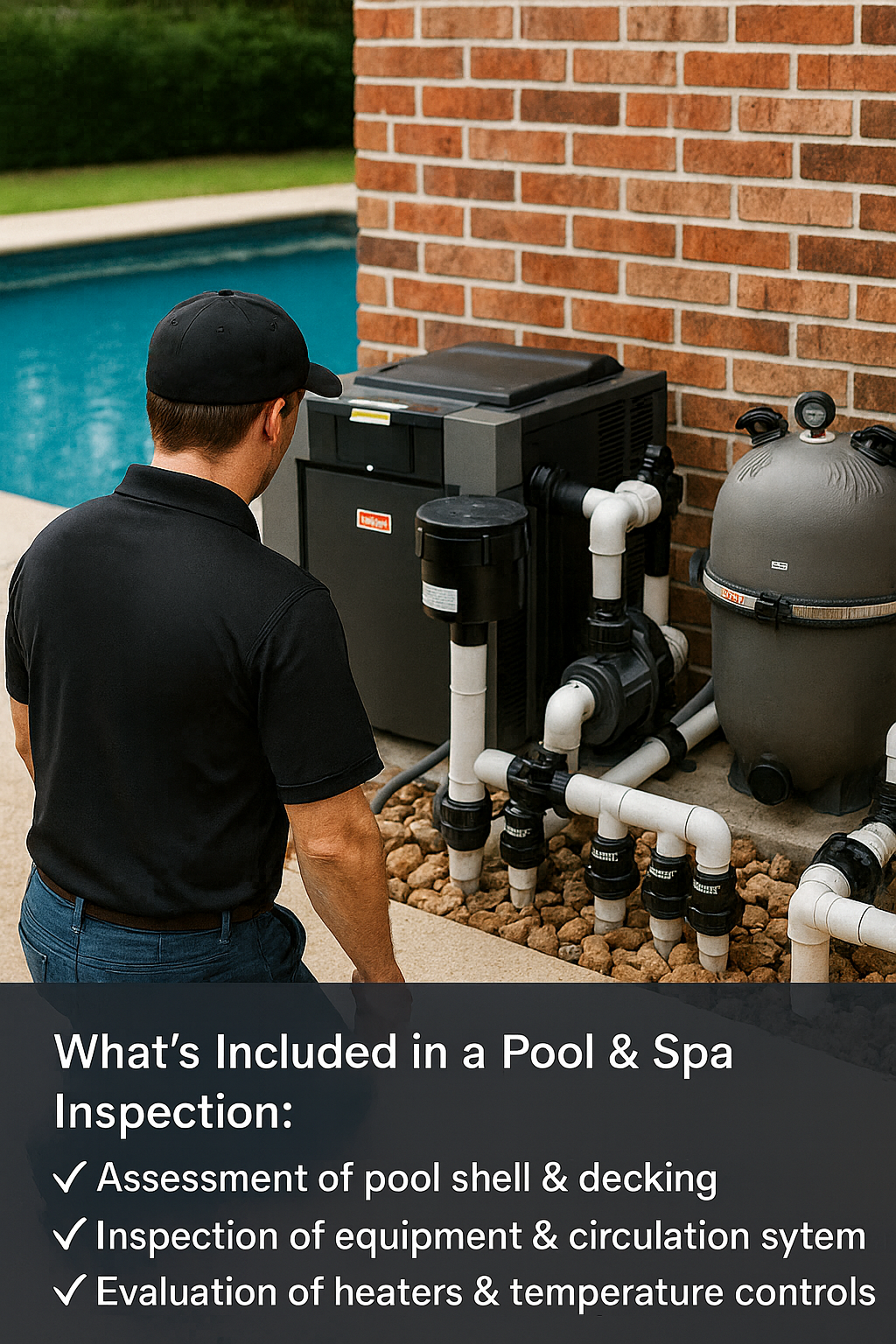 Home inspector from Virtucon Inspections Ltd. examining an in-ground pool’s equipment system, including the heater, pump, filter, and PVC plumbing