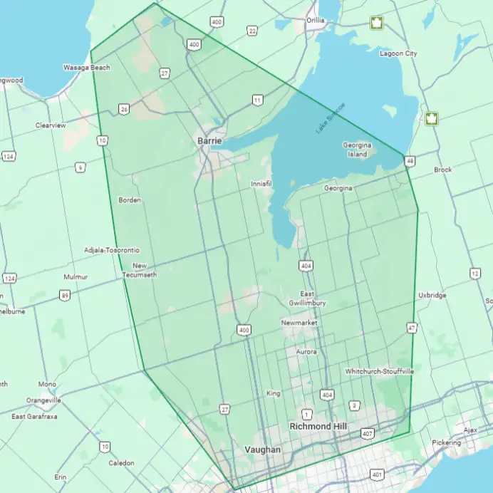 Service Area Map for York Region and Simcoe County